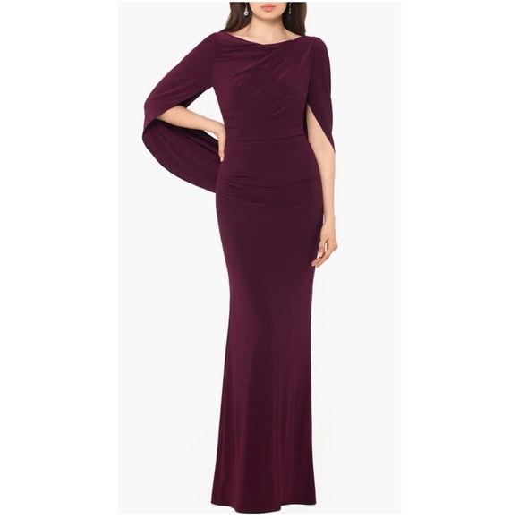 NWT Betsy & Adam Cape Long Sleeve Trumpet Gown Wine Cabernet Purple Sz 10 - Picture 2 of 13